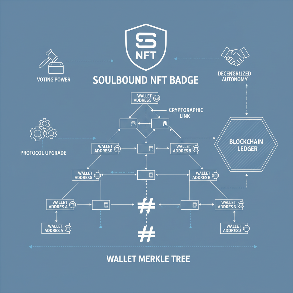 soulbound NFT badge linked to wallet Merkle tree diagram, blockchain governance theme, clean blueprint style