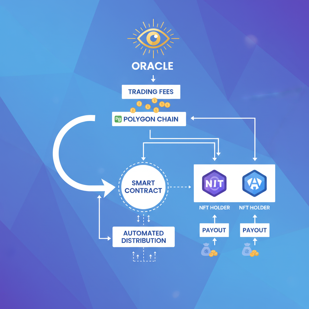 oracle feeding trading fees to NFT holders, payout flowchart on Polygon chain, Artemis style