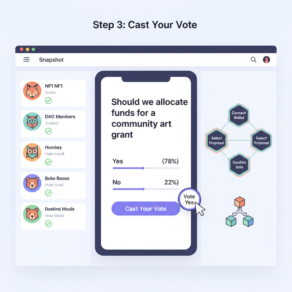 Snapshot voting interface with NFT badges, DAO members casting votes, web3 integration graphic