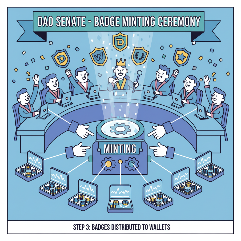 NFT badge minting ceremony, badges distributing to wallets, celebratory DAO senate scene