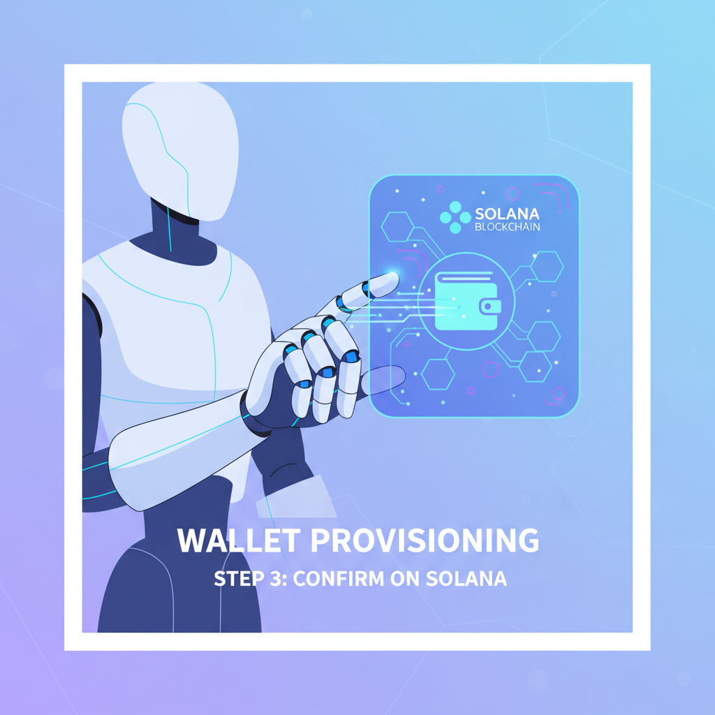 futuristic AI agent wallet provisioning on Solana blockchain, glowing holographic interface