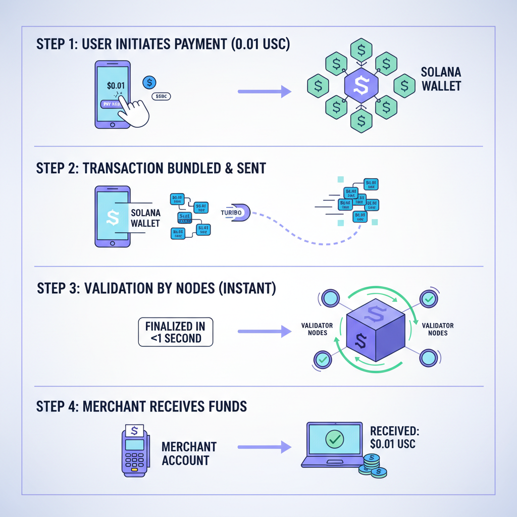USDC $0.01 micropayment transaction visualization on Solana blockchain