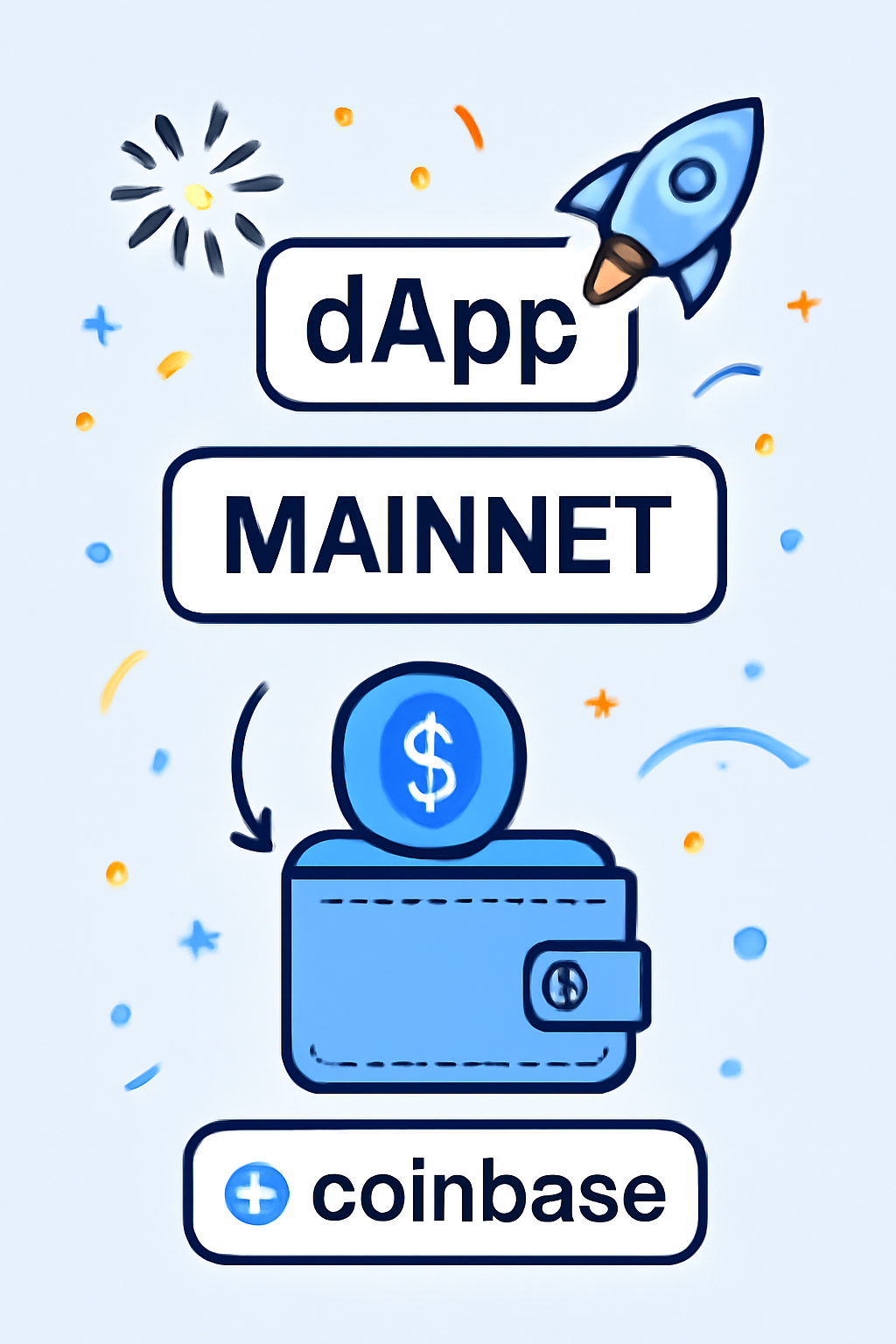 A celebratory launch of a dApp, with a mainnet label, a wallet receiving USDC, and a Coinbase logo, in a clear, professional style