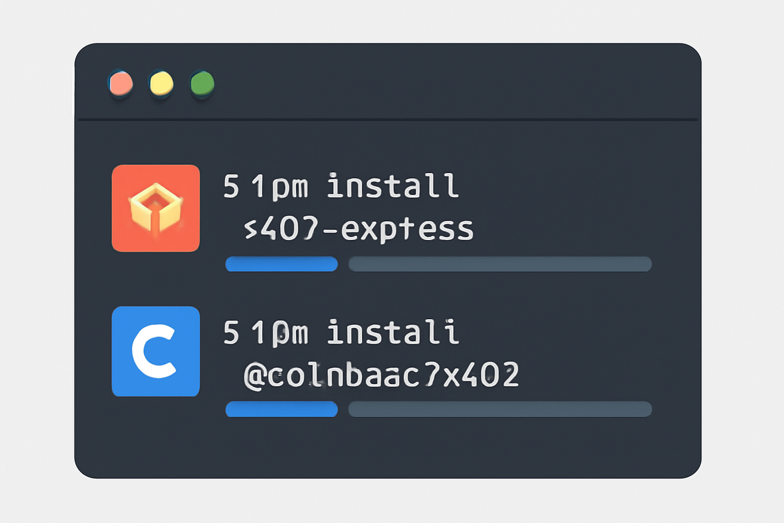 A terminal window showing npm install commands for x402-express and @coinbase/x402, with package icons and a progress bar