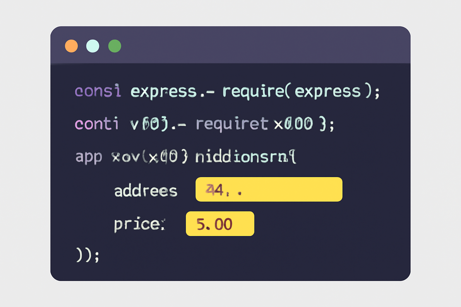 A code editor window showing Express.js code with x402 payment middleware and highlighted wallet address and price fields