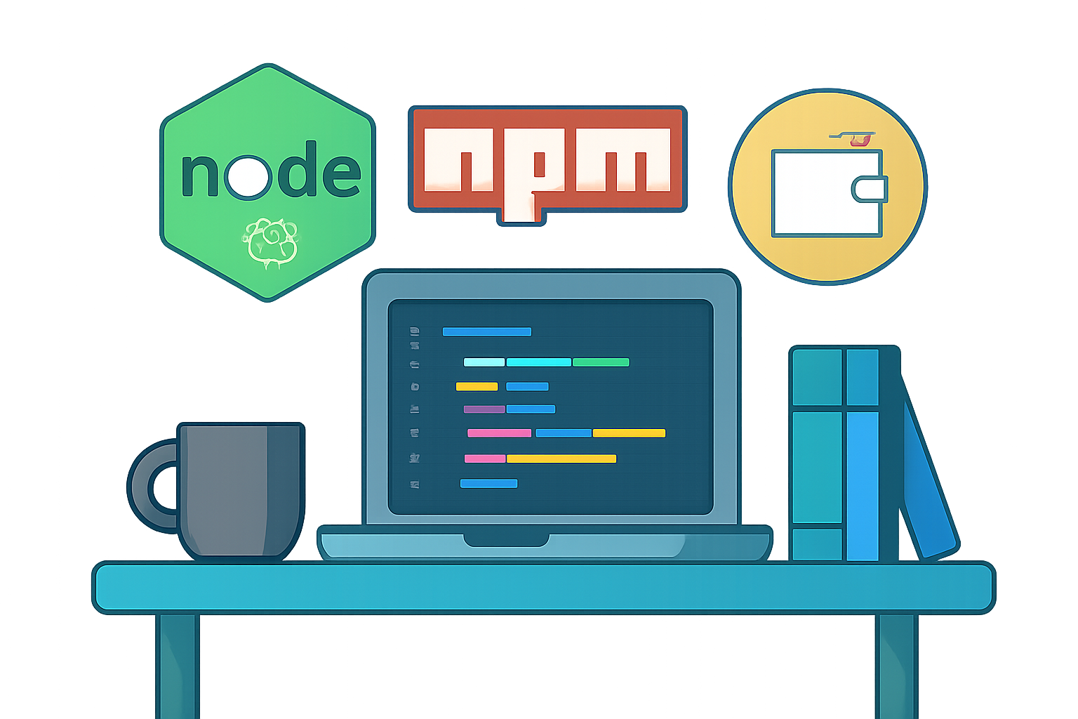 A developer workstation with Node.js and npm logos, a crypto wallet icon, and a laptop displaying code, in a modern, educational style