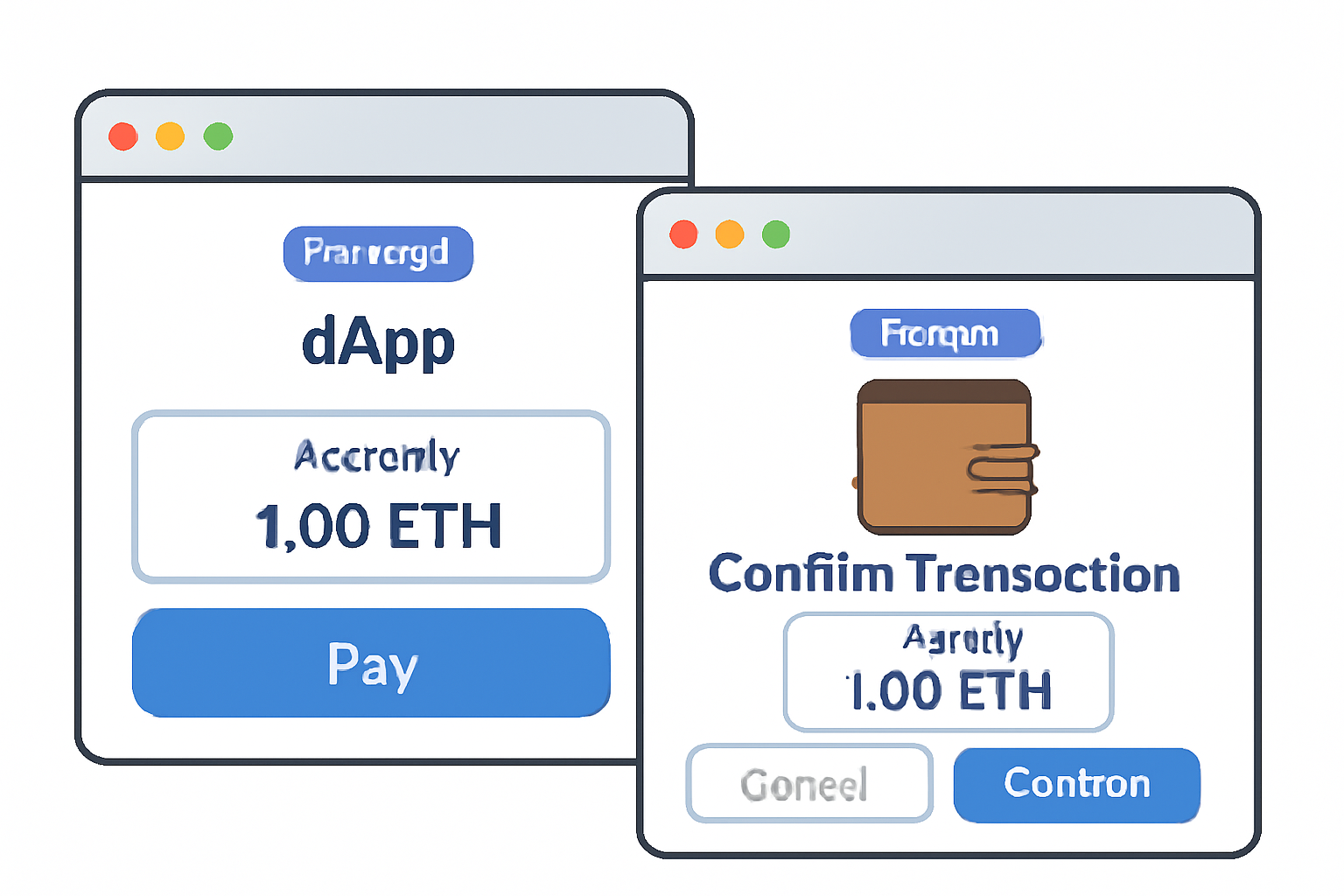 A browser window interacting with a dApp, showing a payment prompt and a wallet confirmation screen, with testnet labels