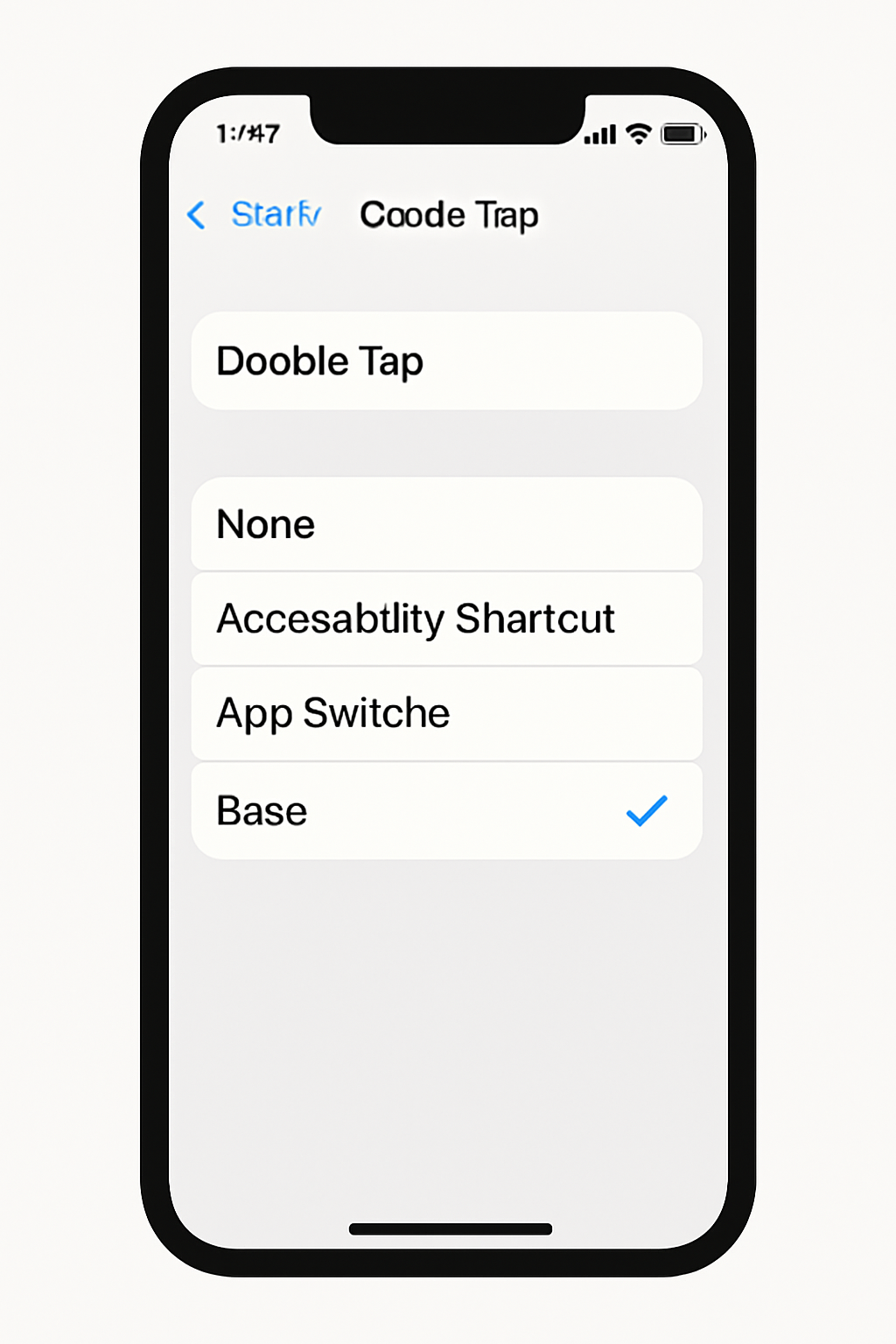 iPhone screen showing the Double Tap action being set to a custom Base app shortcut in Back Tap settings.