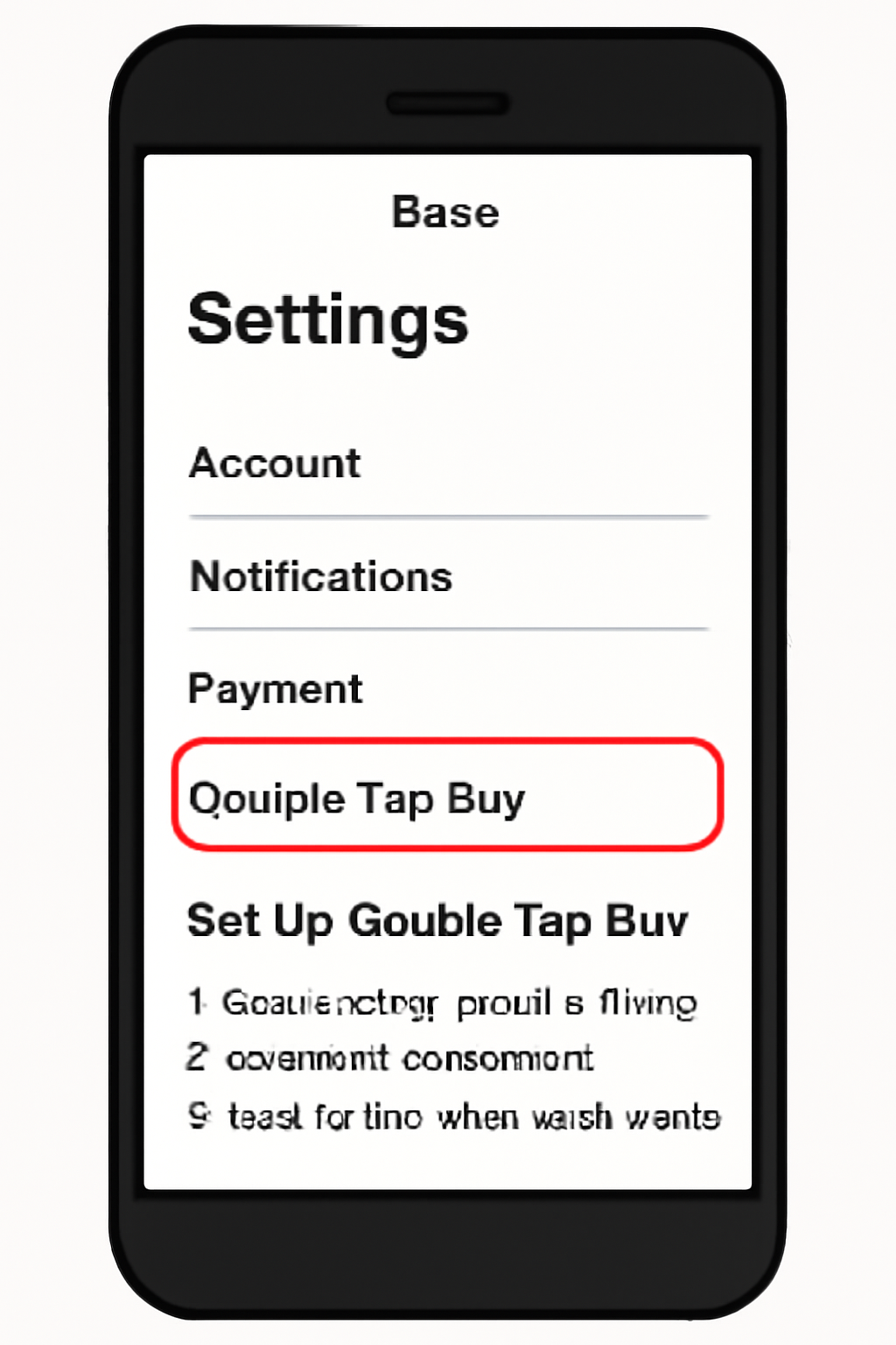 The Base app settings screen, with the Double-Tap Buy feature highlighted and setup instructions visible.