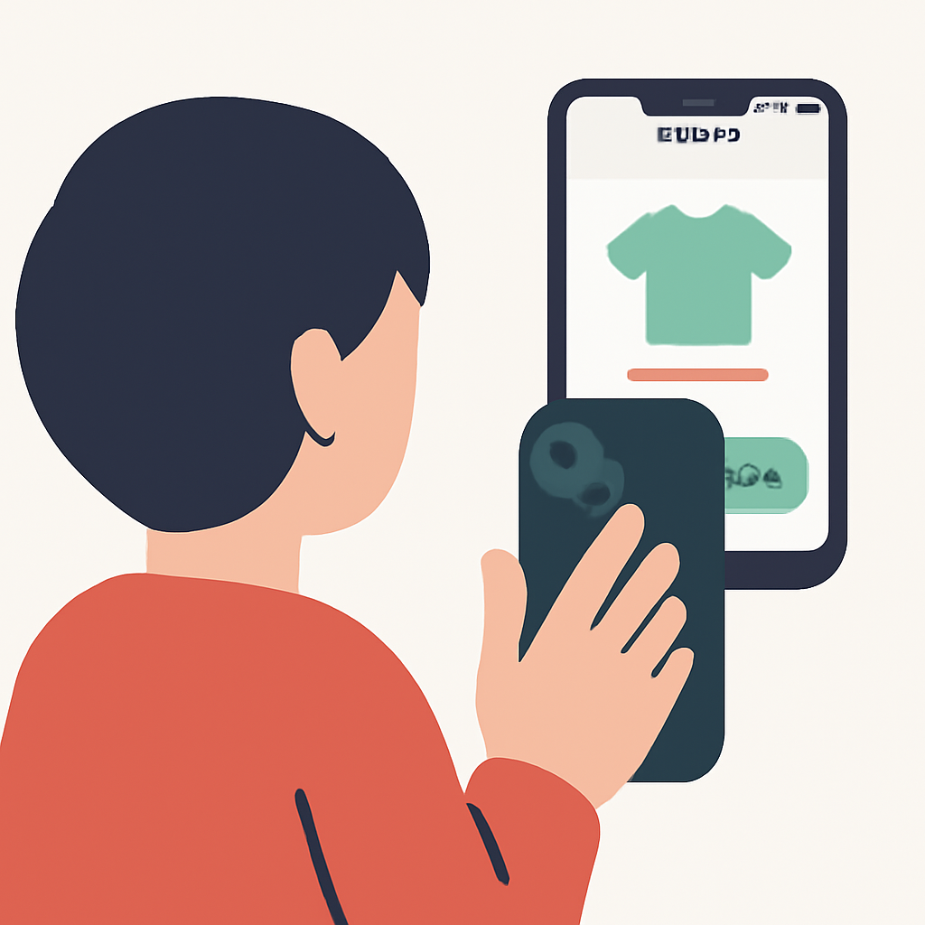 A person double-tapping the back of their iPhone while viewing a product in the Base app, with a confirmation message on screen.
