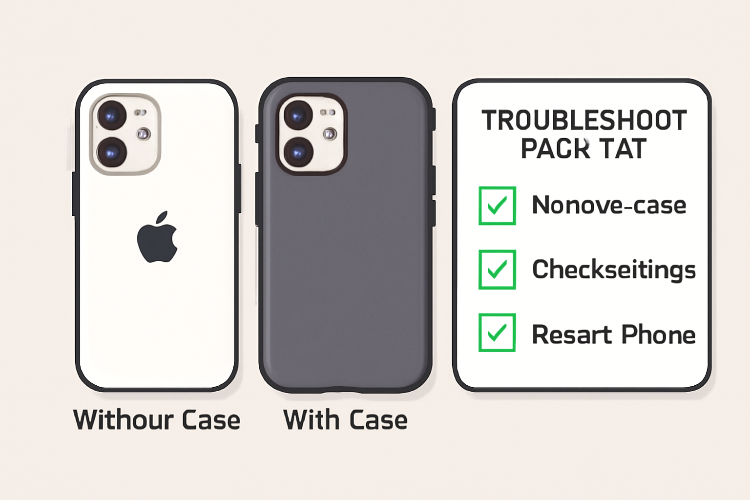 A close-up of an iPhone with and without a bulky case, and a checklist for troubleshooting Back Tap issues.