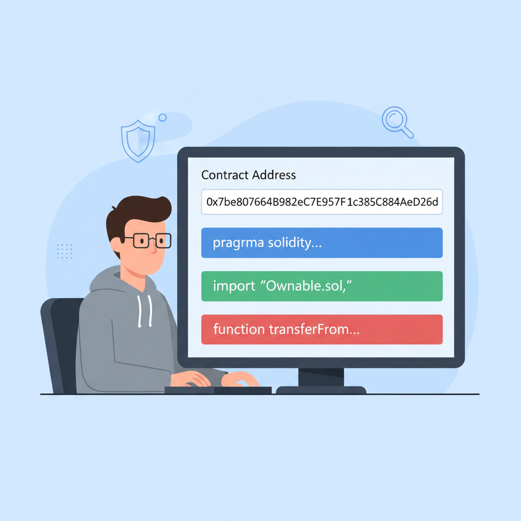 Developer typing Ethereum contract address into auditing tool interface, code snippets visible
