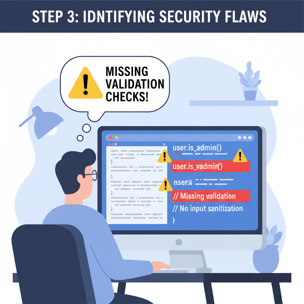 Auditor examining code diffs highlighting missing validation checks, warning icons