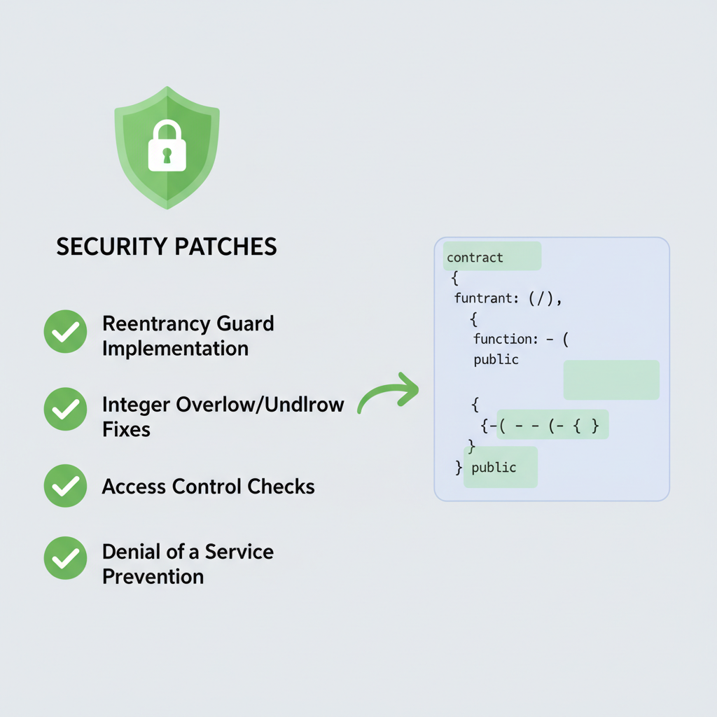 Checklist of security patches being applied to Solidity code, green checkmarks