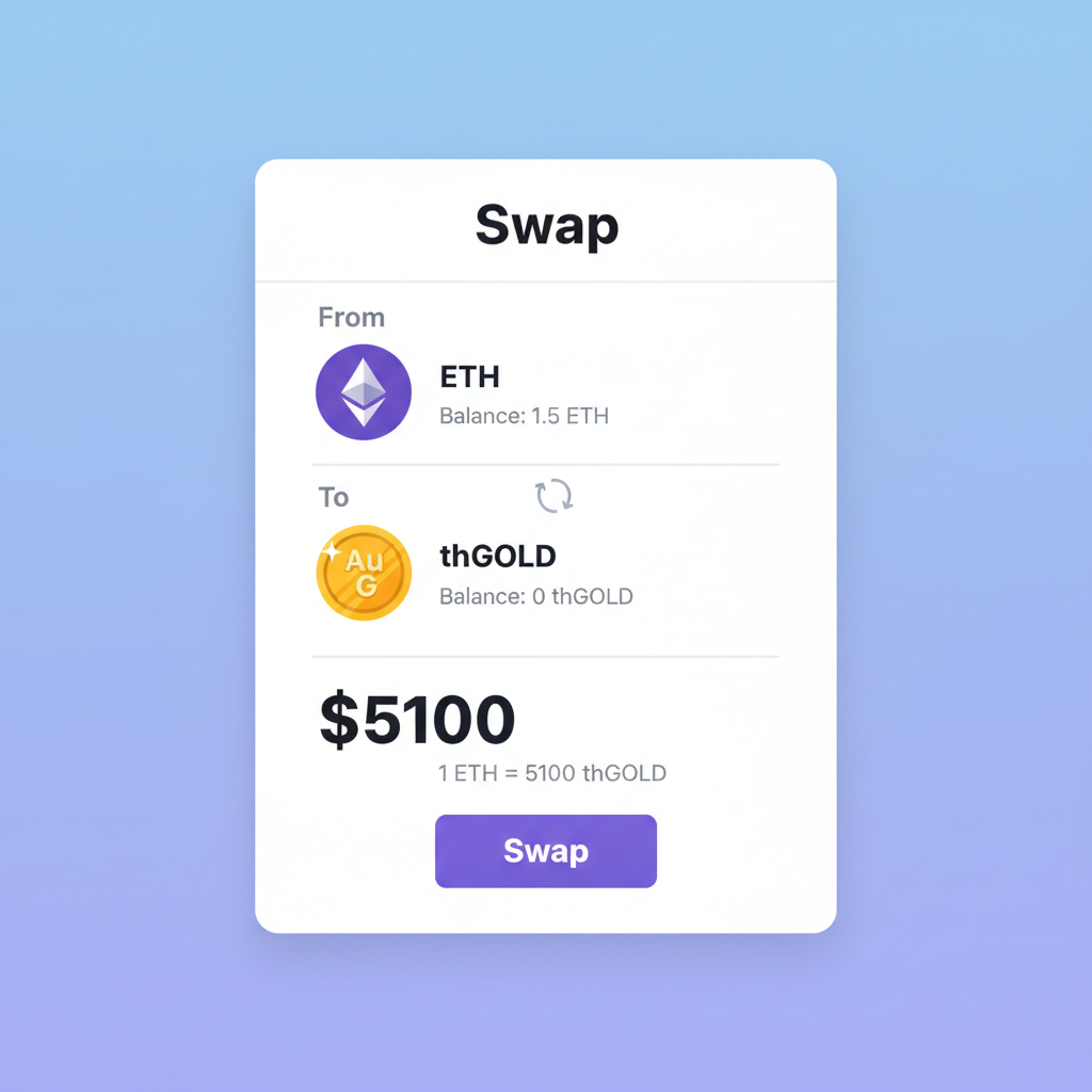 Uniswap swap interface showing ETH to thGOLD exchange, gold token icons, $5100 price tag