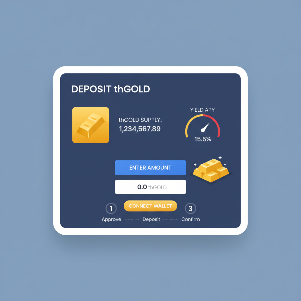 DeFi deposit screen with thGOLD supply, yield APY gauge, gold bar visuals