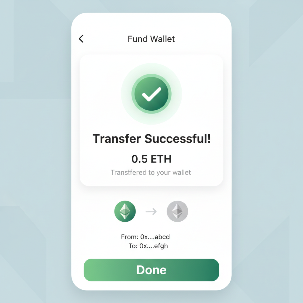screenshot style of wallet funding with ETH transfer, green success checkmark, modern UI
