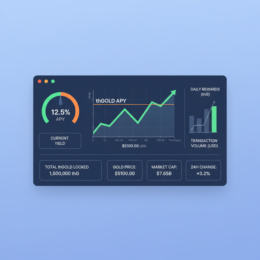 dashboard monitoring thGOLD APY chart at $5100 gold, graphs and metrics, professional analytics