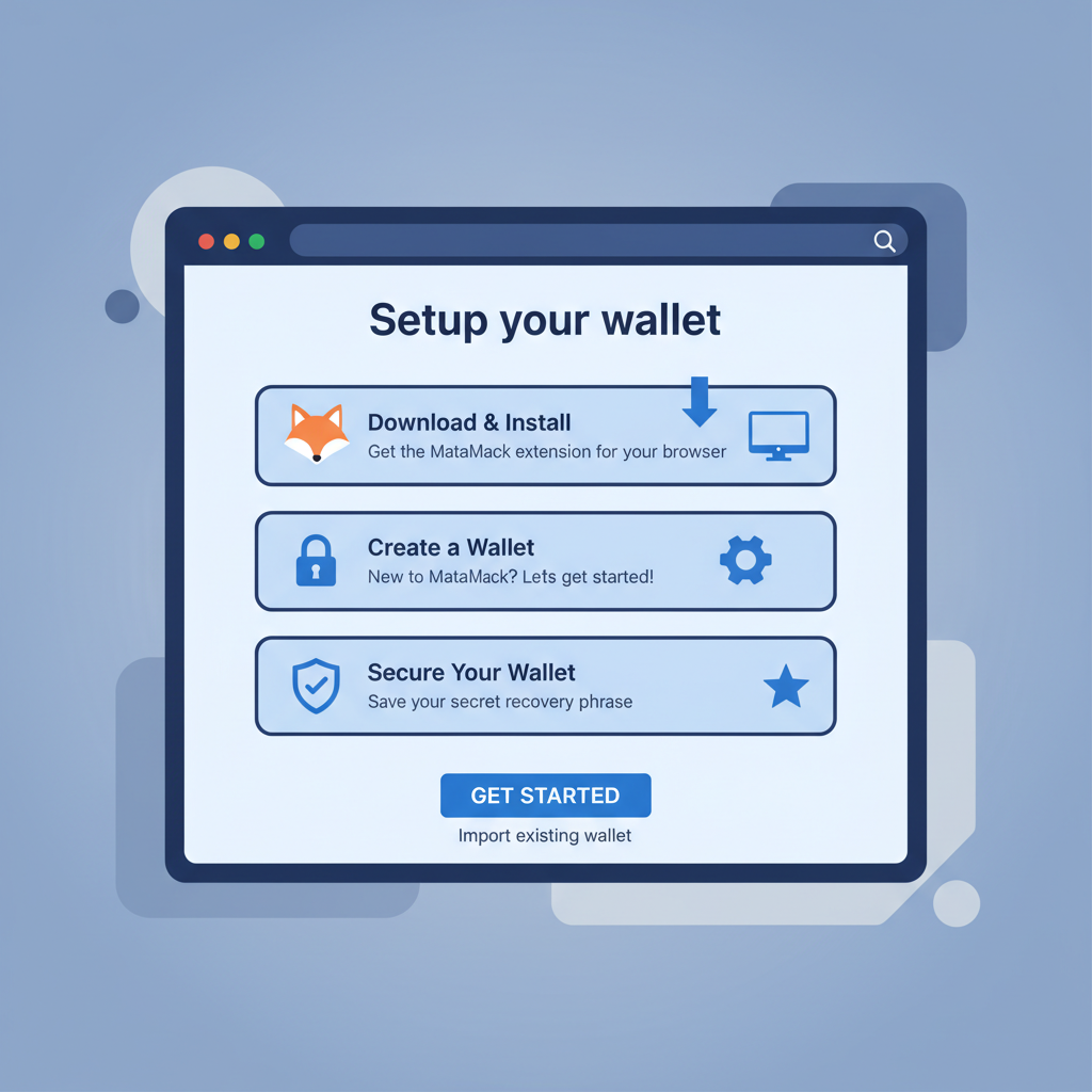 clean illustration of MetaMask wallet setup interface on desktop, professional blue tones, simple icons