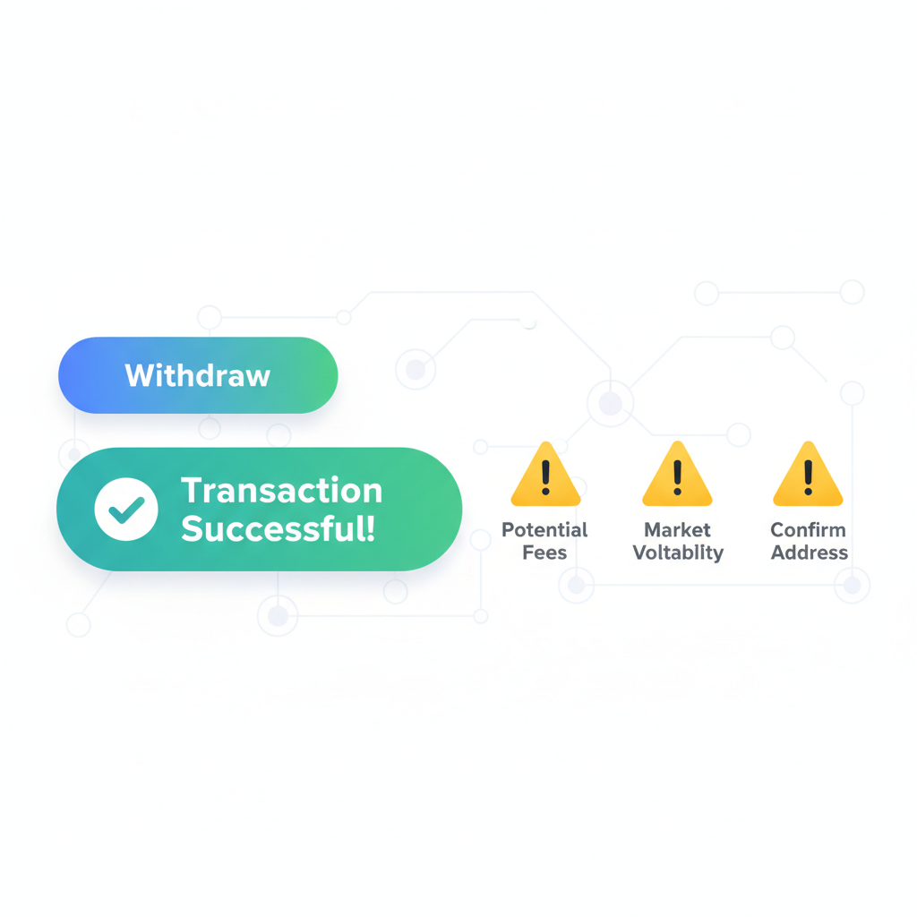 withdraw button on DeFi platform, successful transaction confirmation, caution icons