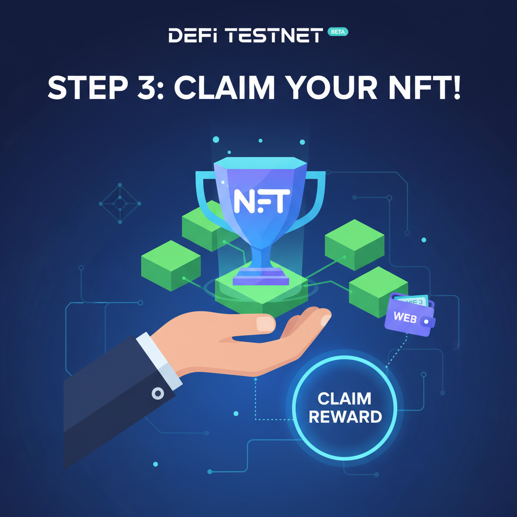 claiming glowing NFT reward in DeFi testnet, trophy and blockchain elements