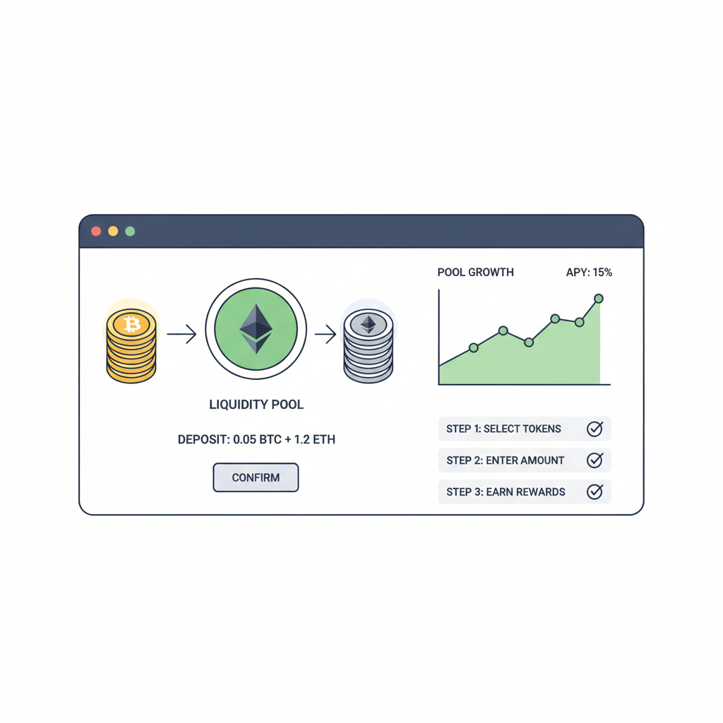 liquidity pool deposit screen in AMM, stacking coins, green liquidity charts