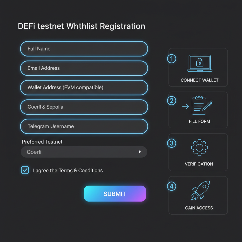 sleek web form for DeFi testnet whitelist registration, futuristic UI, blue neon accents