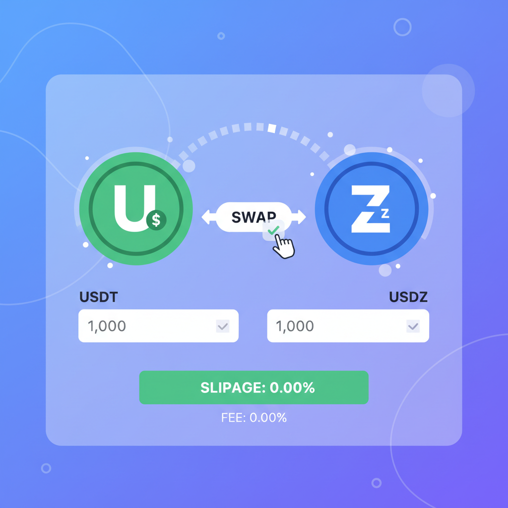 DeFi swap interface showing zero slippage USDZ trade, stablecoin icons, smooth animation