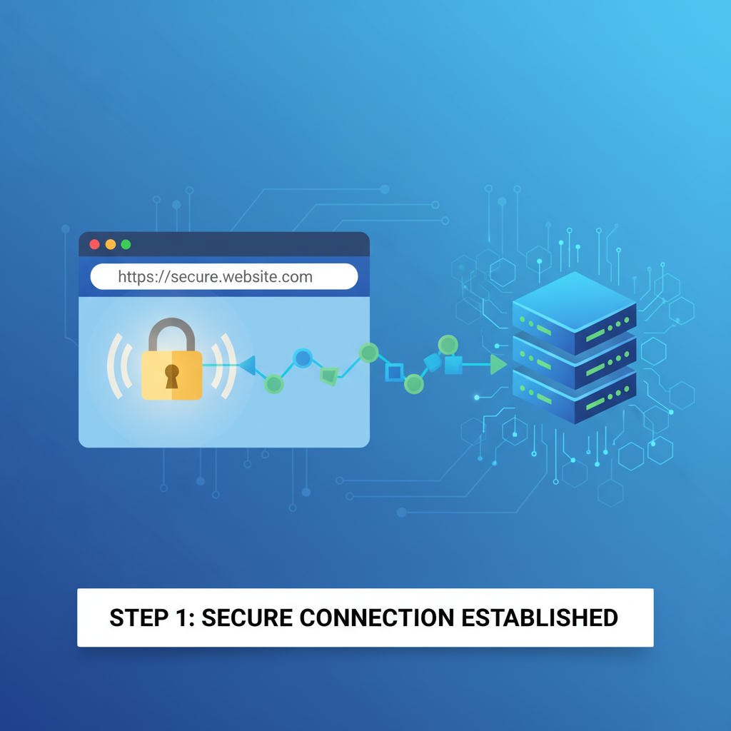 browser connecting to secure TLS website lock icon glowing, data flow visualization, cyber security theme --ar 16:9