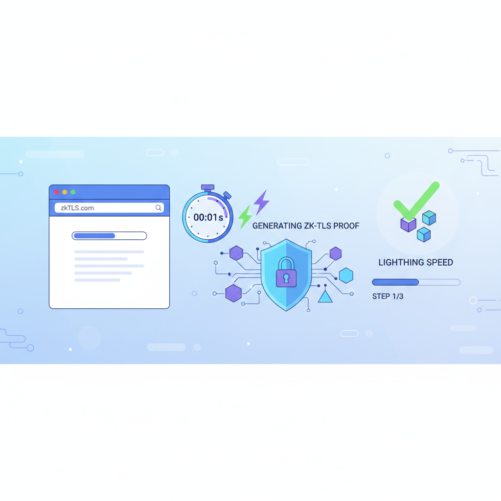 fast browser generating zkTLS proof lightning speed 1s timer, zero-knowledge circuits illuminating, high-tech animation style --ar 16:9