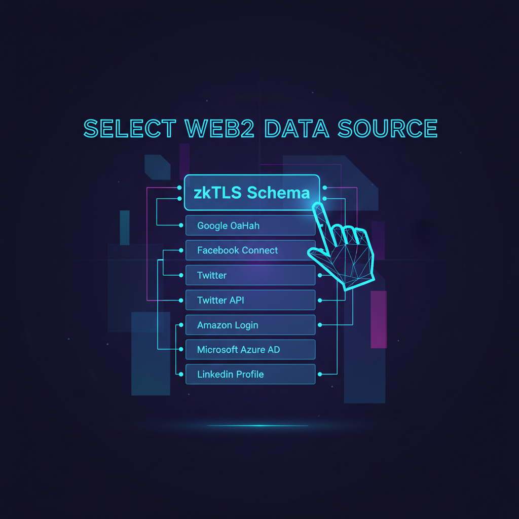 sleek digital interface selecting zkTLS schema from glowing list of Web2 sources, futuristic UI, neon blues and purples --ar 16:9