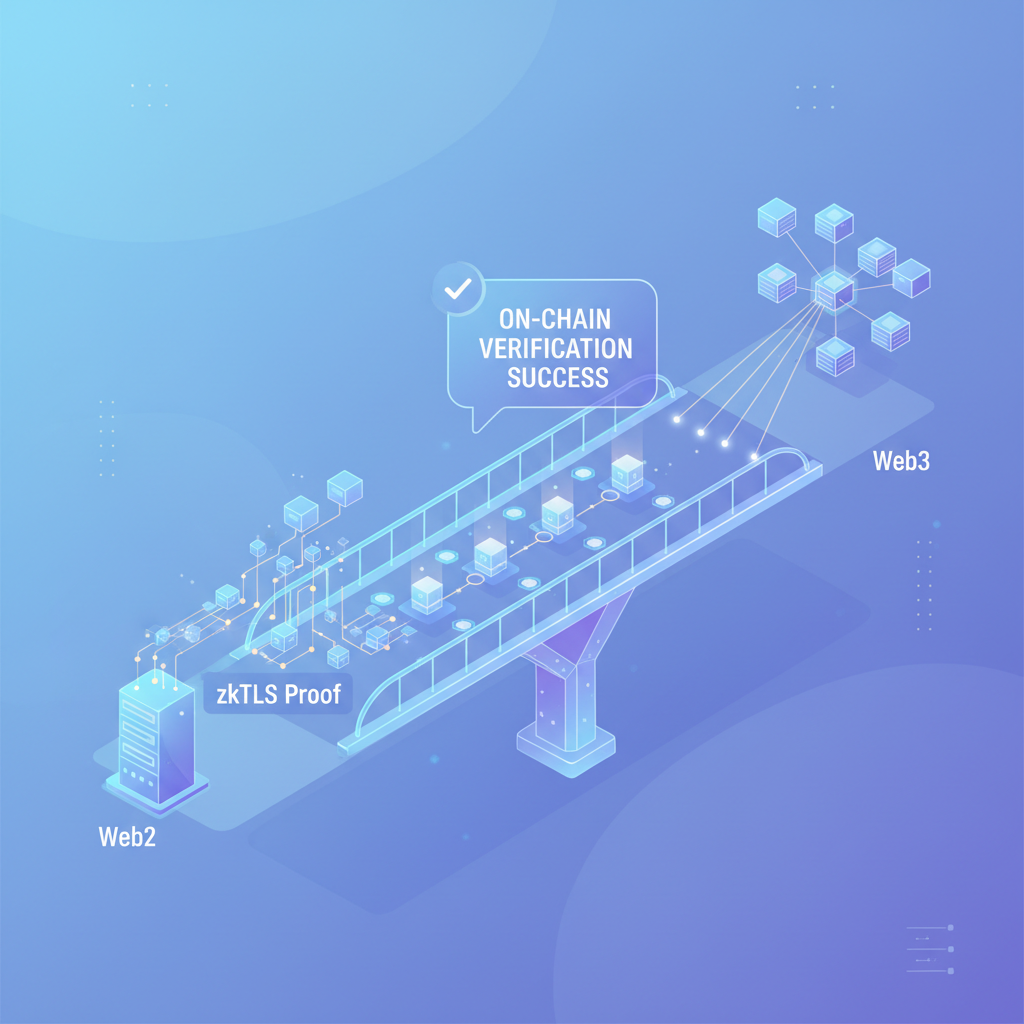 uploading zkTLS proof to blockchain network nodes lighting up, on-chain verification success, ethereal digital bridge Web2 to Web3 --ar 16:9