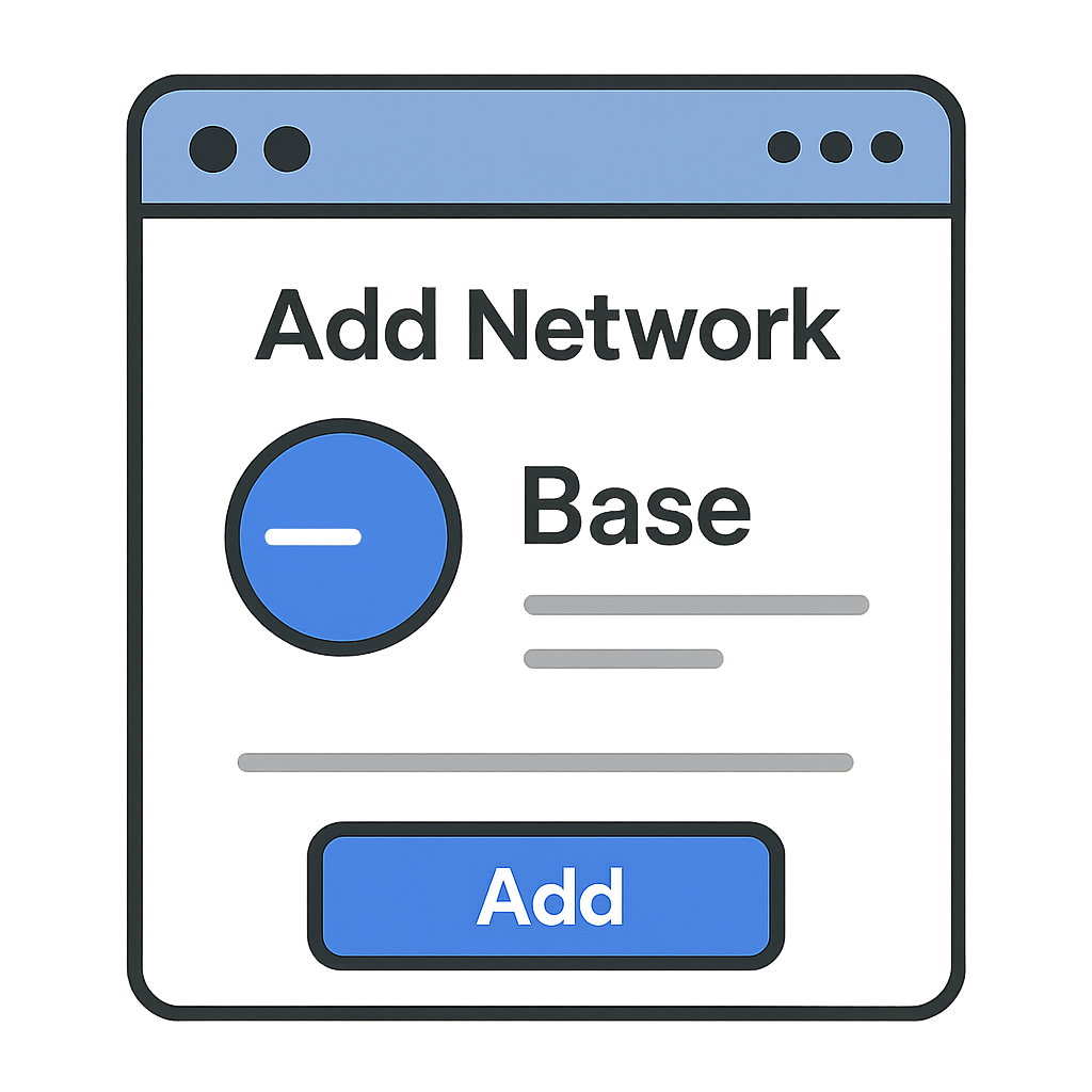 A digital wallet interface adding a new blockchain network with Base logo.