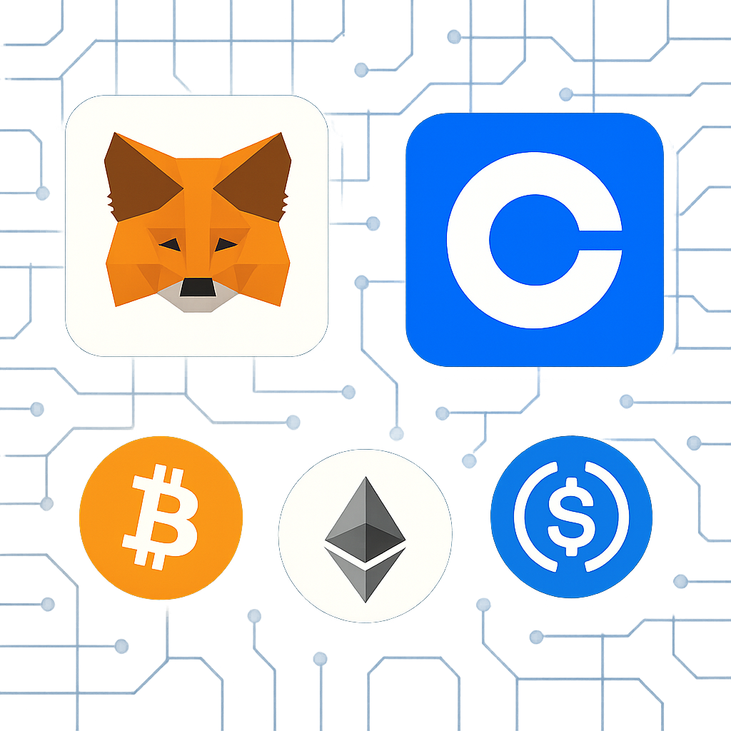 A selection of popular crypto wallet logos (MetaMask, Coinbase Wallet) on a digital background.