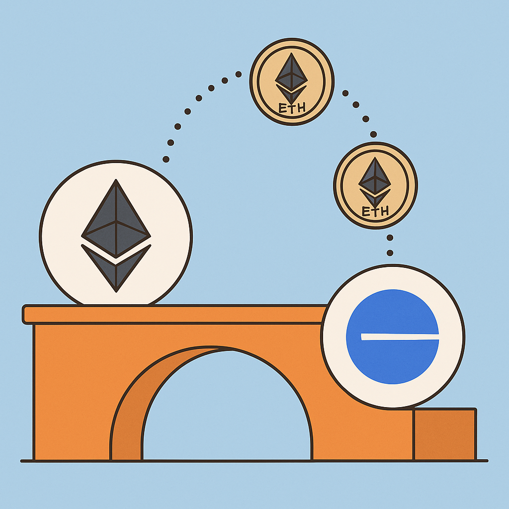 ETH coins transferring from Ethereum logo to Base logo on a digital bridge.
