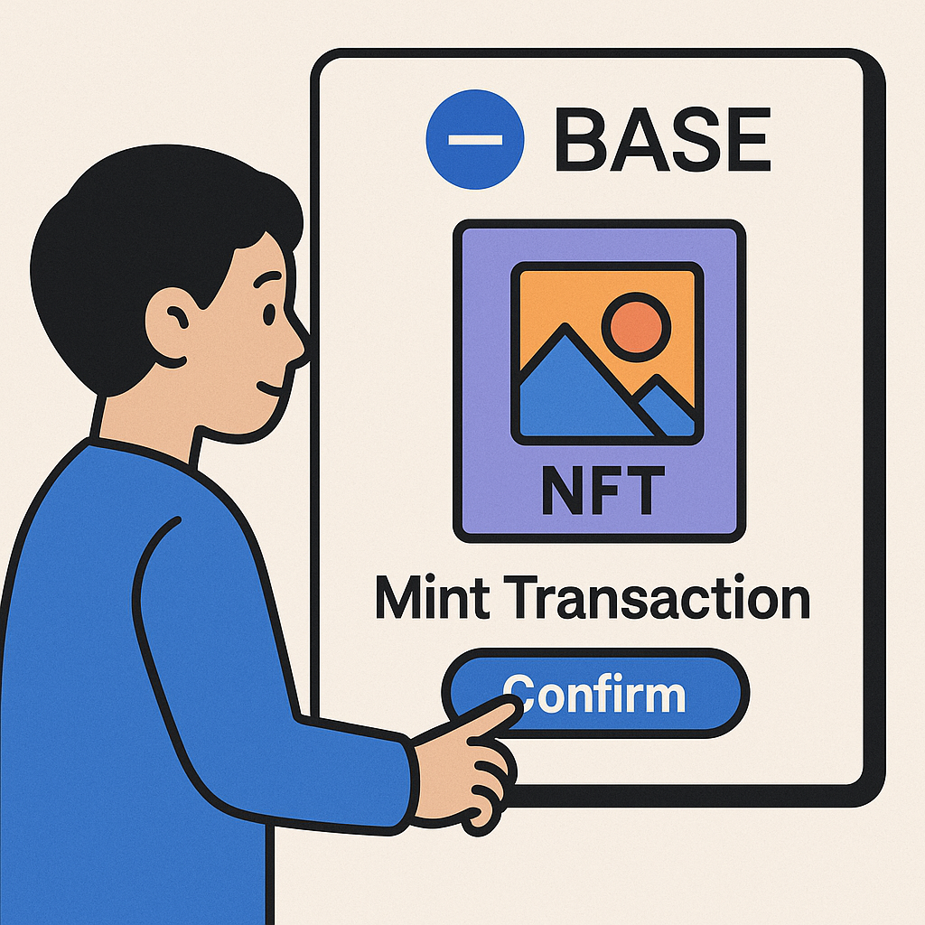 A user confirming an NFT mint transaction on a digital interface, with Base and NFT visuals.