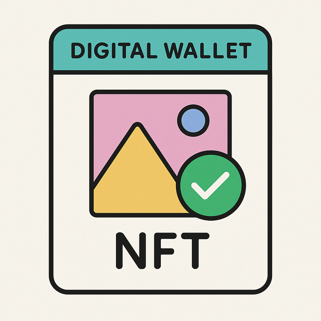 A digital wallet interface displaying a newly minted NFT with a checkmark.