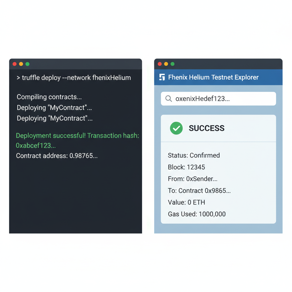 Terminal deploying Solidity contract to Fhenix Helium testnet success message blockchain explorer
