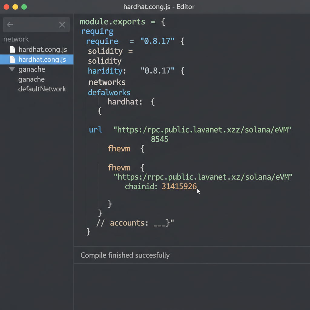 Hardhat config file editor with fhEVM network settings code snippet dark mode