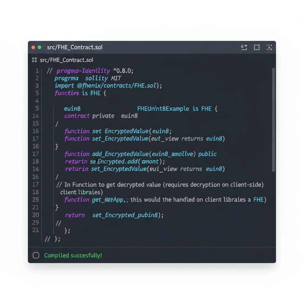 Solidity code editor showing euint8 FHE contract example Fhenix themed syntax highlight
