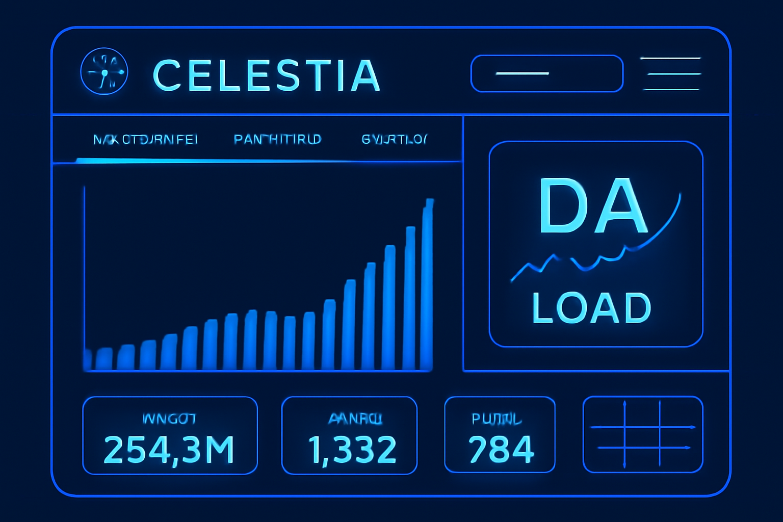 futuristic Celestia explorer dashboard with high DA load charts, blue neon UI, data metrics spiking