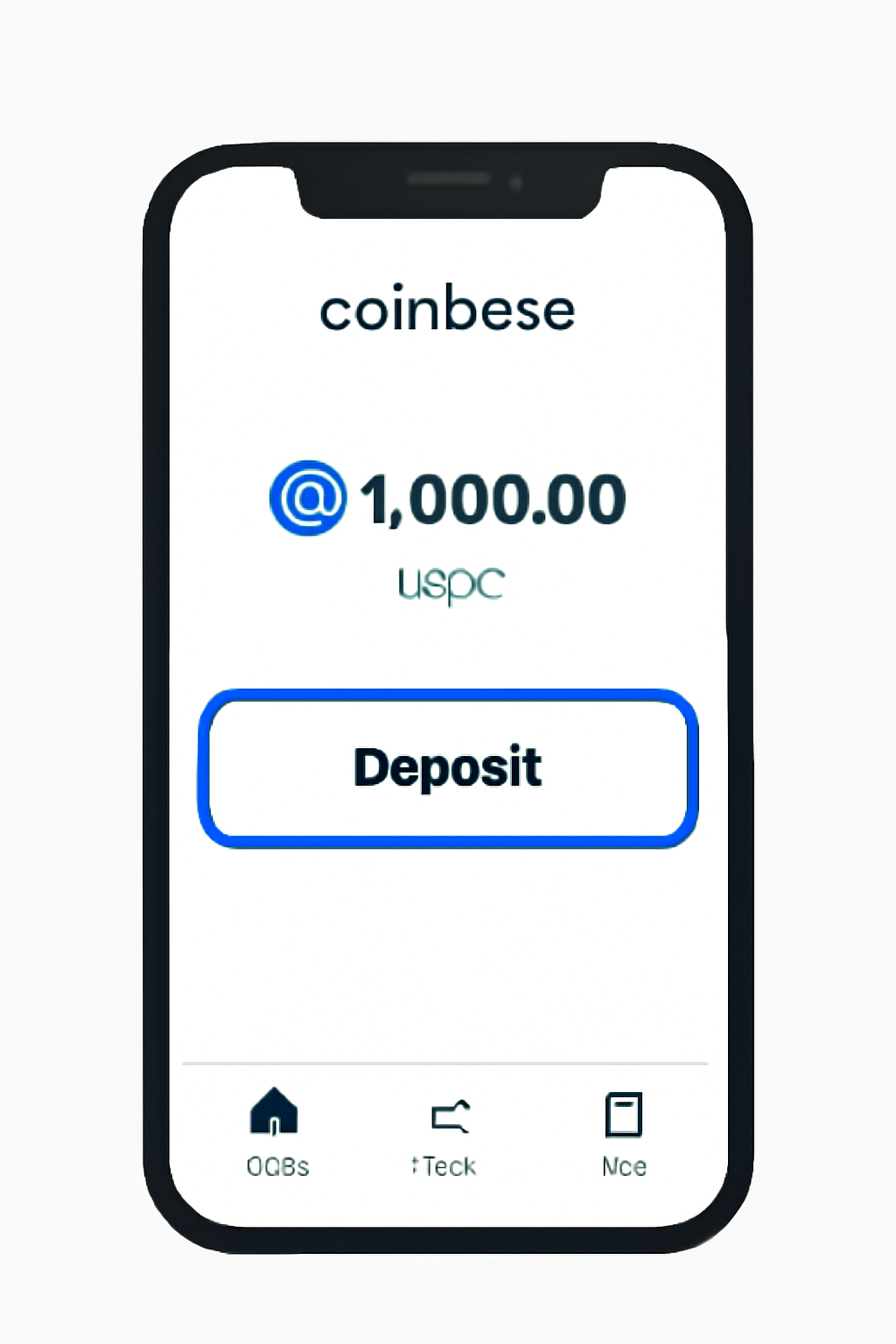 A smartphone screen showing the Coinbase app with a USDC balance and a deposit button highlighted, modern UI, clean background