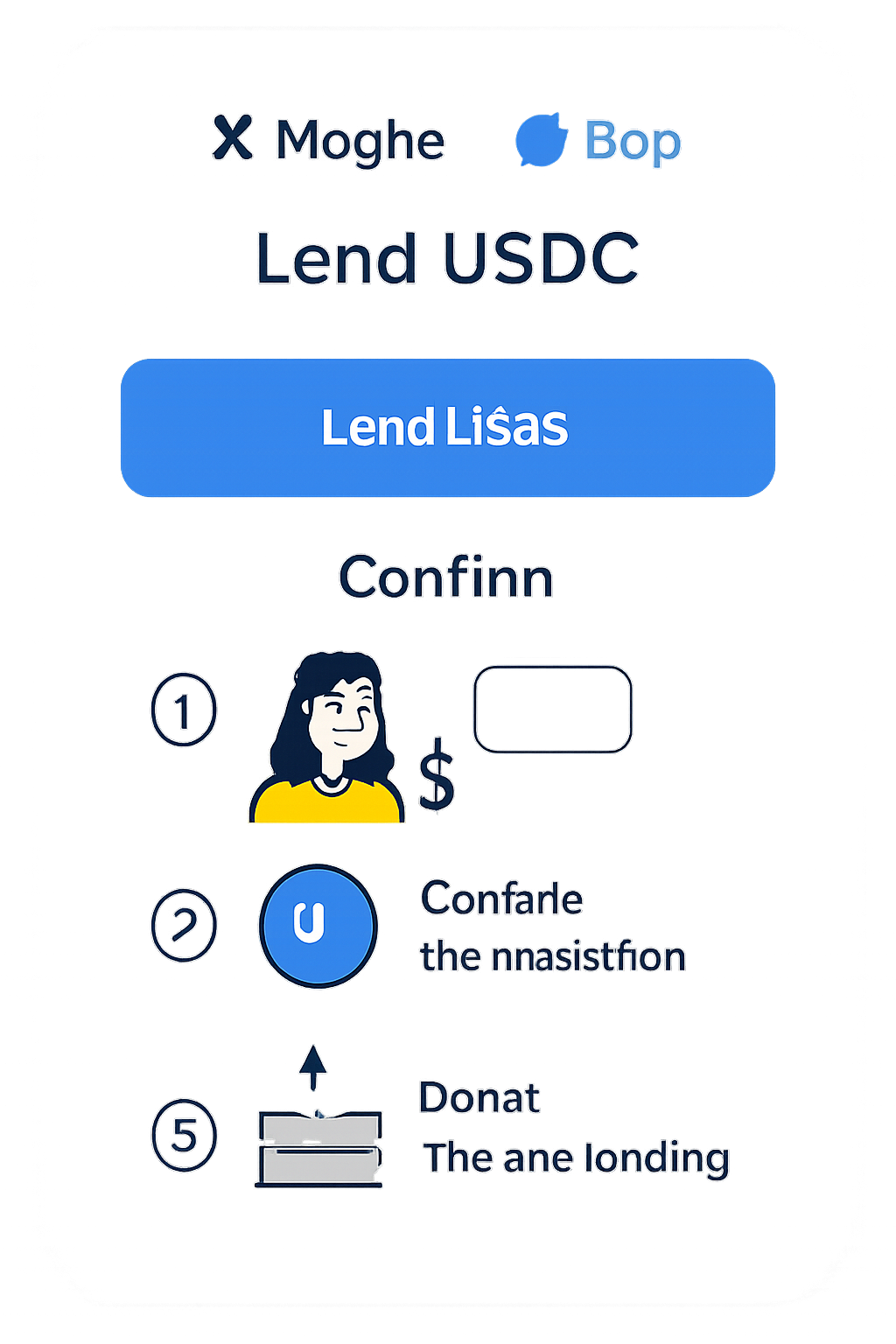 An app interface with a 'Lend USDC' button, Morpho protocol and Base network logos, confirmation screen for lending, user-friendly design