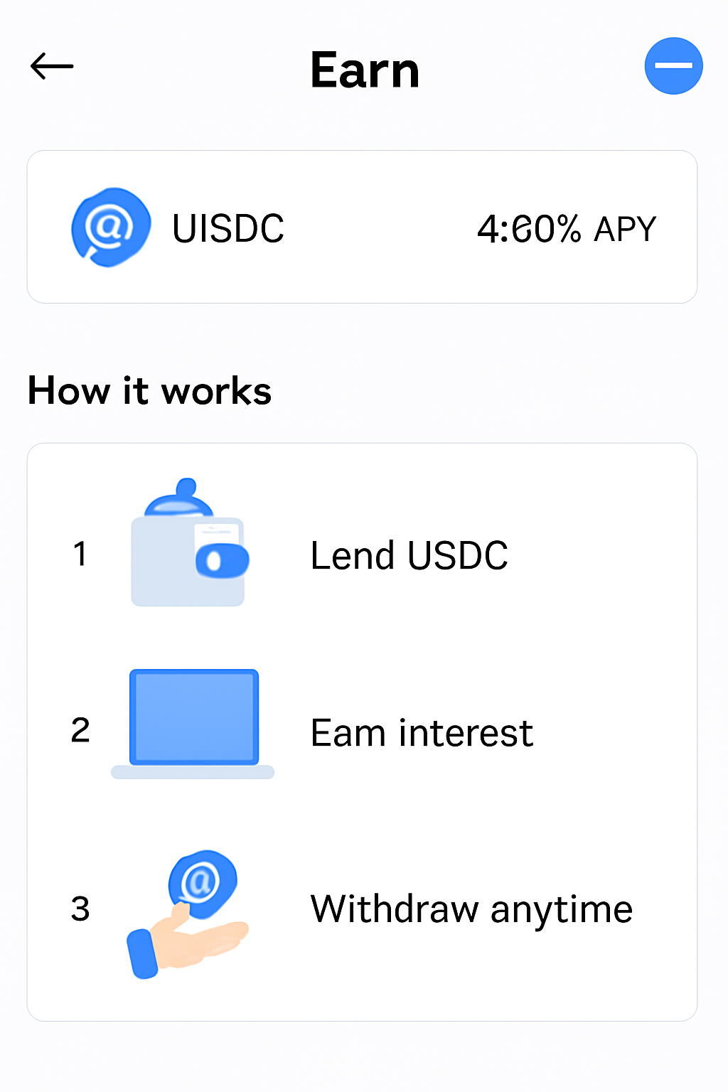 A digital dashboard showing the Coinbase app's 'Earn' section with USDC lending options, Base network logo visible, clear interface