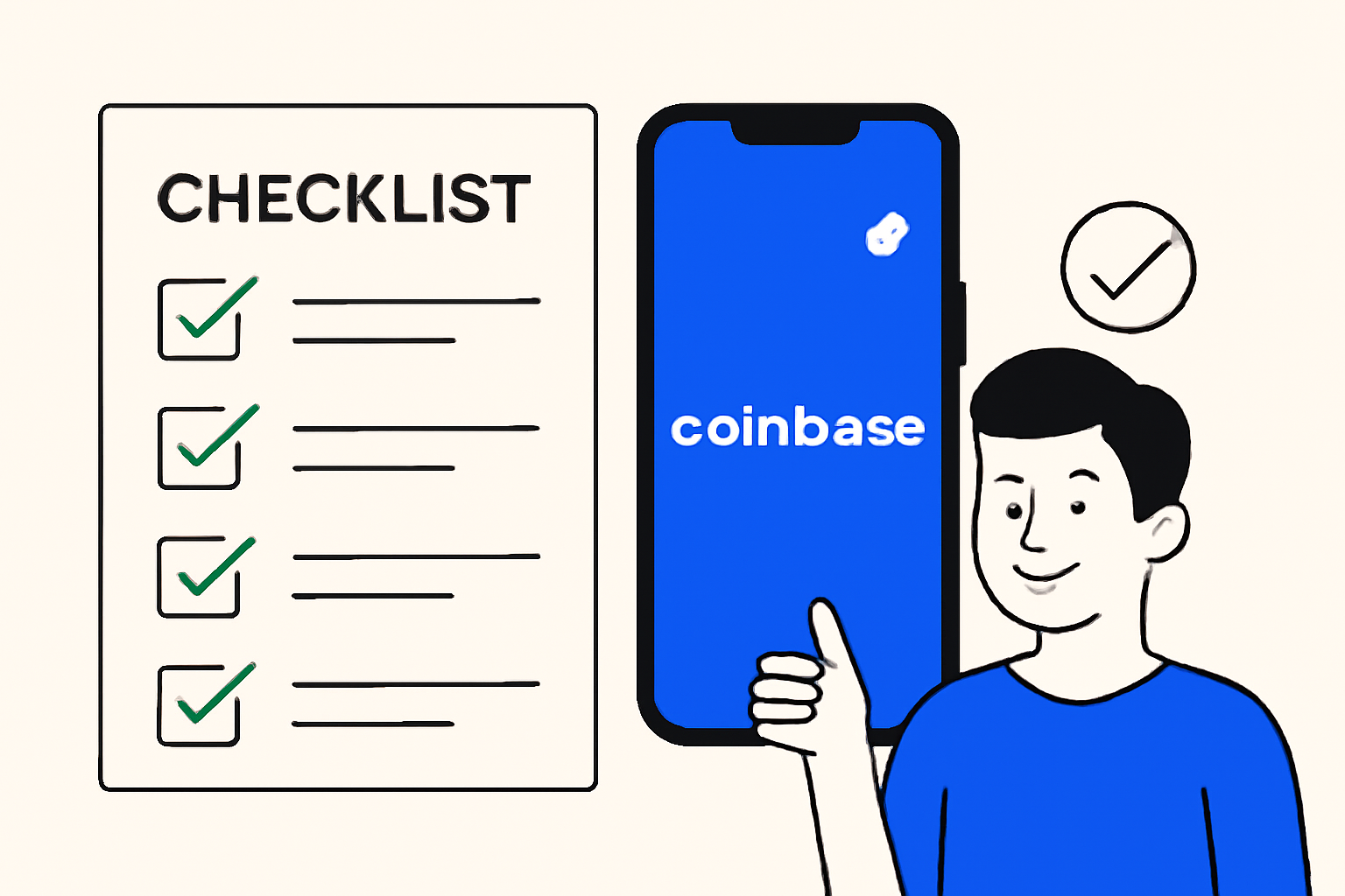A checklist next to a smartphone with Coinbase app open, notification bell icon, and a satisfied user, educational vibe