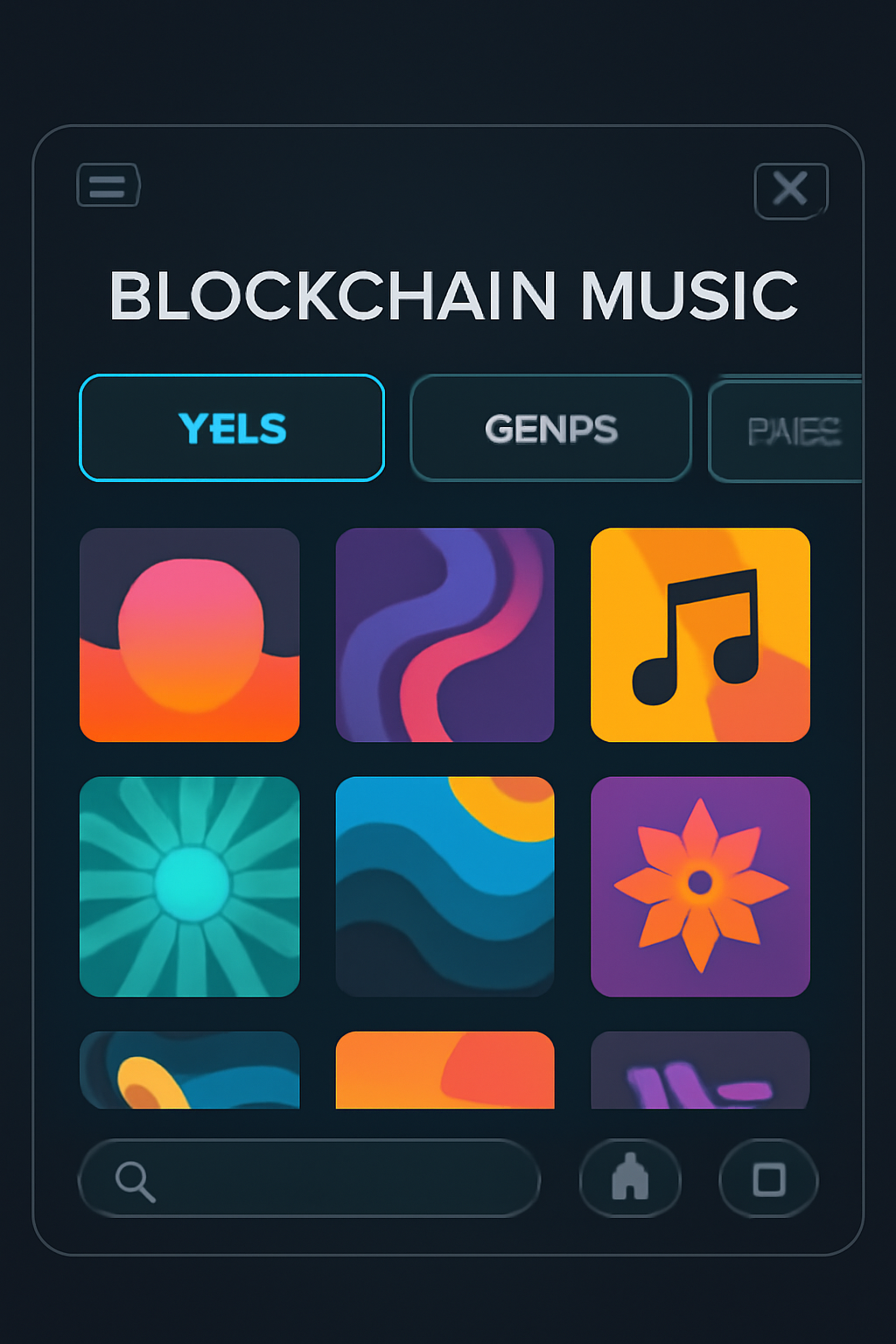 sleek blockchain music platform interface, browsing colorful album covers in a catalog, filters for yield and genre highlighted, futuristic UI, high-tech dashboard