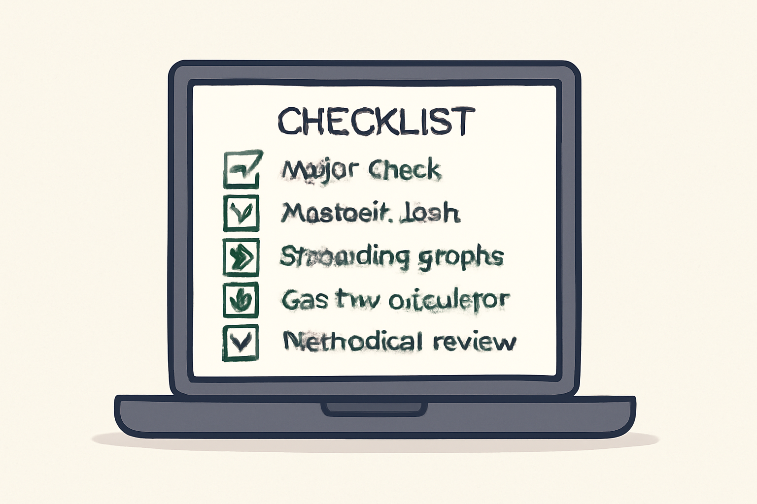 Checklist on laptop screen: wallet check, platform audit, streaming graphs, gas fee calculator, methodical review