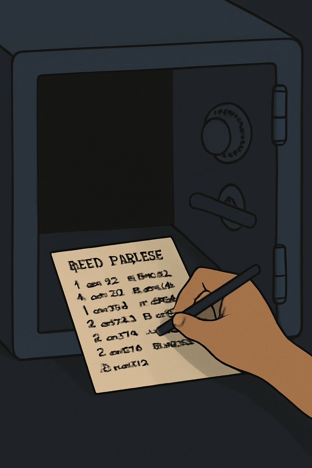 Hand writing seed phrase on paper inside a secure metal safe, dim lighting, emphasis on privacy and security