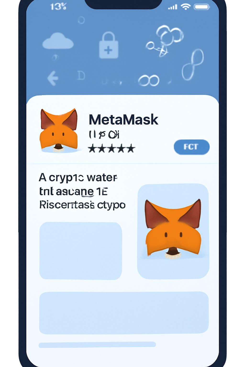 Modern smartphone screen showing MetaMask app download from official store, clean UI, blockchain icons, blue tones