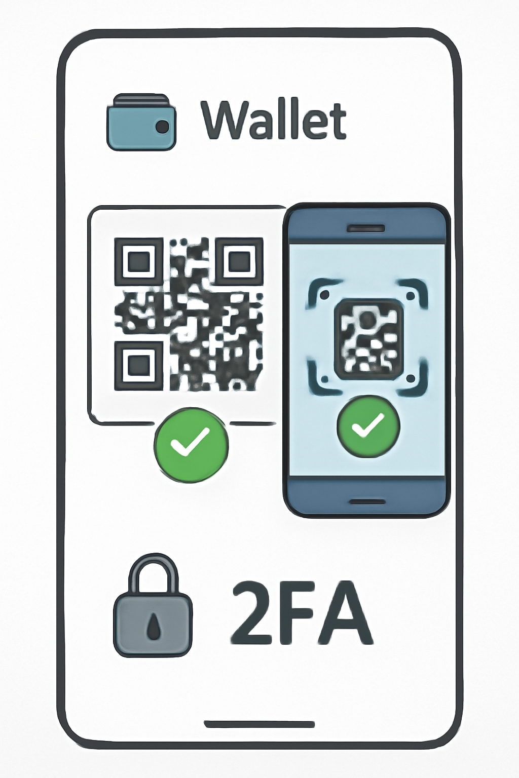 Wallet app interface with 2FA QR code scanning on authenticator app, secure lock icons, green checkmarks